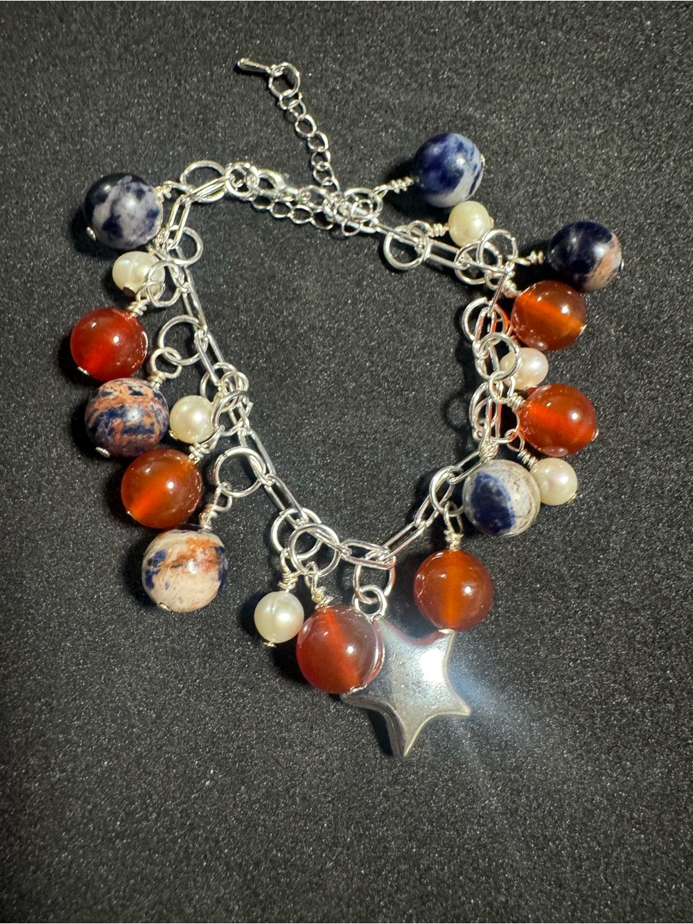 Handmade carnelian, freshwater pearls and blue sodalite stones bracelet